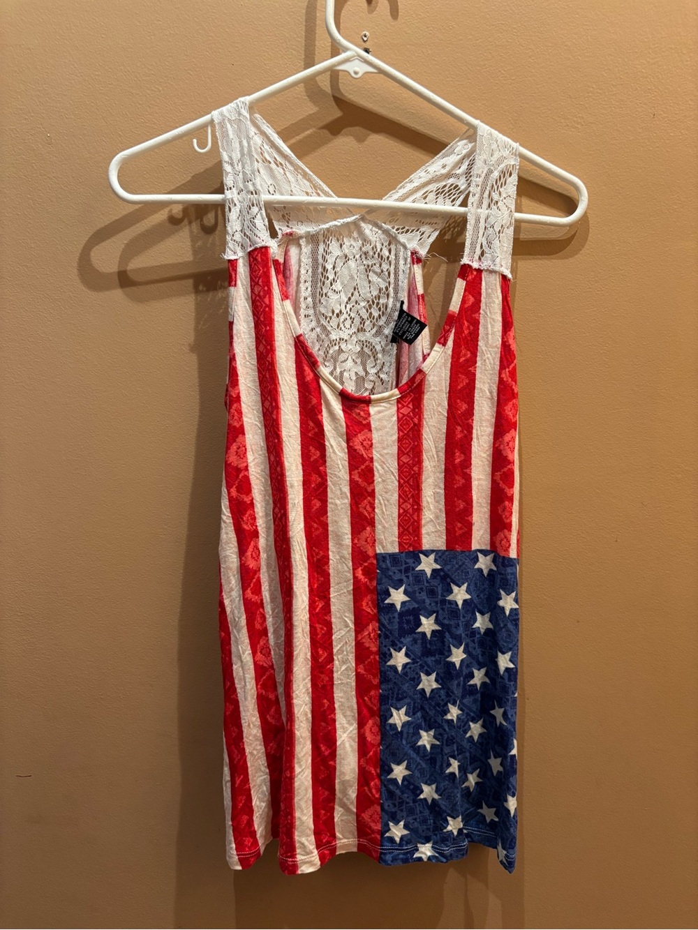 Rue21 American Flag Red & White Striped Lace-Back Tank Size XL